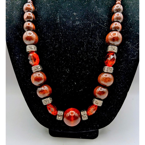 Jewelry - Vintage Boho Wood and Amber Acrylic Beaded Necklace Silver Tone Spacers 28 Inch